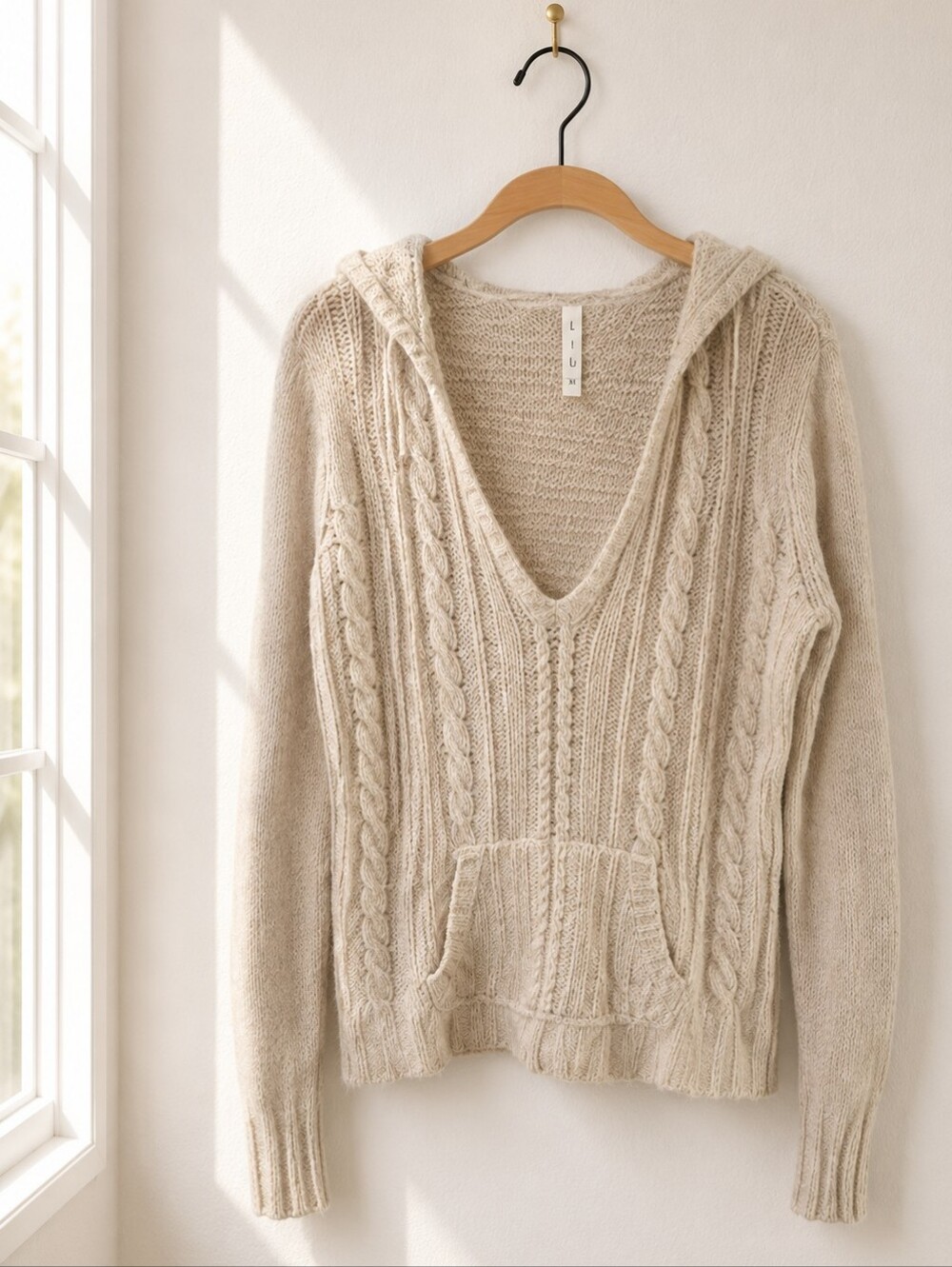 Lilu‎ Hooded Cable Knit Sweater Beige V-Neck Pocket Women’s XL